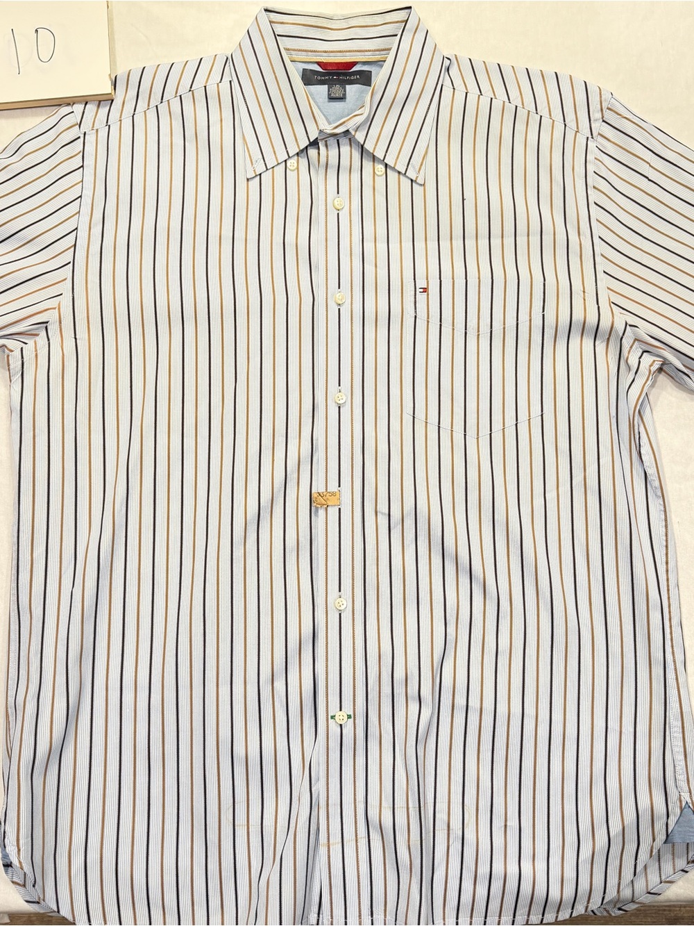 Tommy Hilfiger White Dress Shirt with Navy and Brown Stripes
